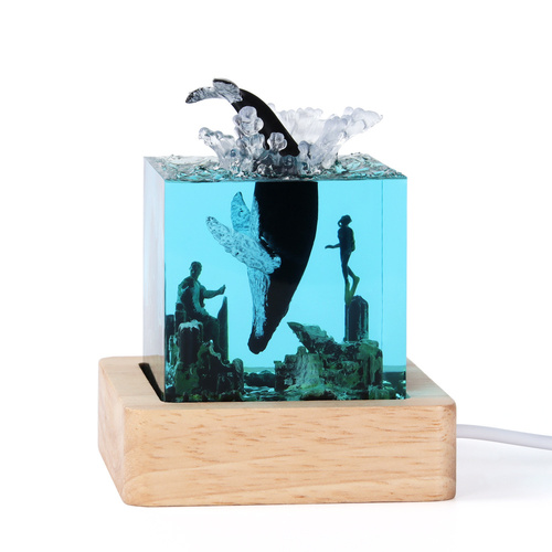 Blue Ancient Architecture Humpback Whale in the Water Handcrafted Ocean Resin Whale Night Light - Unique Home Decor Table Lamp - Main Image