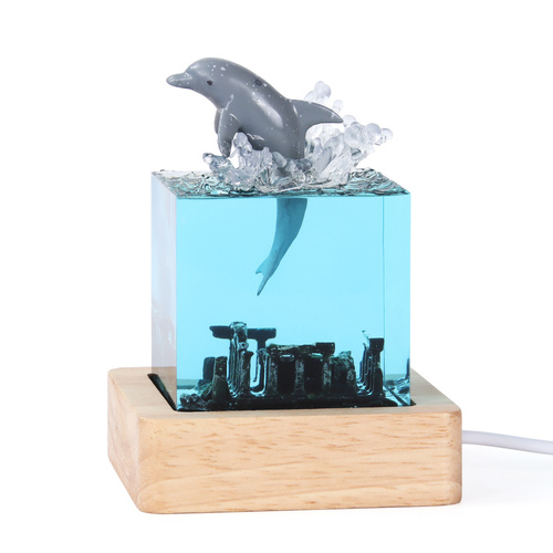Ancient Architecture Dolphin Leaping into the Water Handcrafted Ocean Resin Whale Night Light - Unique Home Decor Table Lamp - Main Image