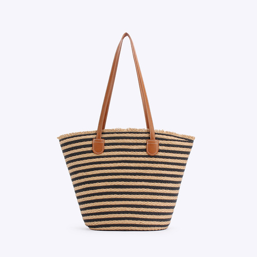 Black And Brown Stripes Handmade Large Capacity Striped Beach Tote Bag with Zipper and Inner Pocket - Summer Vacation Woven Shoulder Bag for Women - Main Image