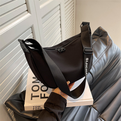 Black With Black Suspenders Large Capacity Canvas Shoulder Bag - Casual Crossbody Dumpling Bag - Main Image