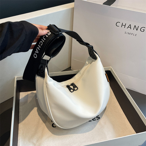 Off White With Black Suspenders Large Capacity Canvas Shoulder Bag - Casual Crossbody Dumpling Bag - Main Image