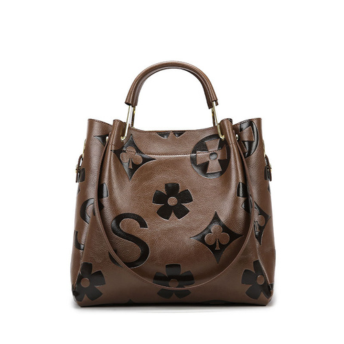 Dark Brown Elegant Embossed PU Leather Tote Bag for Women - Large Capacity Handbag with Inner Pouch - Main Image
