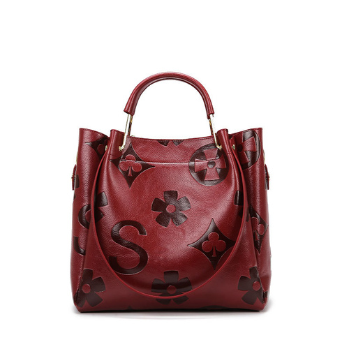 Dark Red Elegant Embossed PU Leather Tote Bag for Women - Large Capacity Handbag with Inner Pouch - Main Image