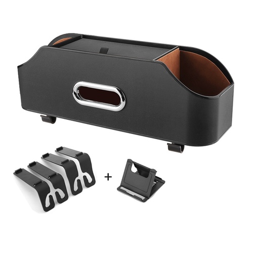 Black Car Seat Back Organizer - Multi-Function Storage Box with Tissue Holder, Cup Holder, and Phone Mount - Main Image
