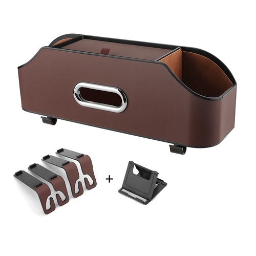Brown Car Seat Back Organizer - Multi-Function Storage Box with Tissue Holder, Cup Holder, and Phone Mount - Main Image