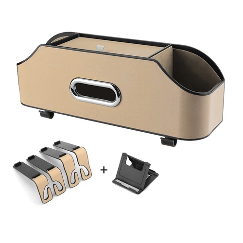 Beige Car Seat Back Organizer - Multi-Function Storage Box with Tissue Holder, Cup Holder, and Phone Mount - Main Image