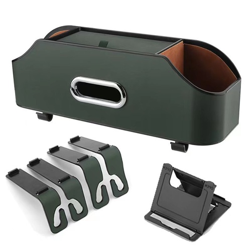 Green Car Seat Back Organizer - Multi-Function Storage Box with Tissue Holder, Cup Holder, and Phone Mount - Main Image