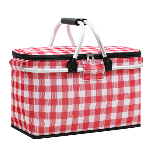Insulated Picnic Basket with Aluminum Frame - Portable Collapsible Cooler Bag 18L 40*20*23cm(Red plaid) - Main Image