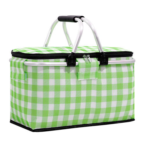 Insulated Picnic Basket with Aluminum Frame - Portable Collapsible Cooler Bag 18L 40*20*23cm(Green plaid) - Main Image