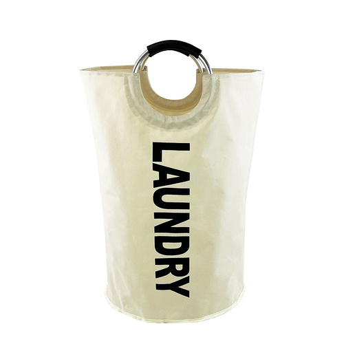 Beige Large-Capacity Double Oxford Fabric Laundry Hamper with Aluminum Handles - Durable Round Clothes Basket for Home Storage - Main Image