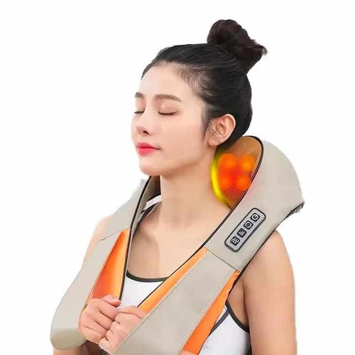 Portable Kneading Neck and Shoulder Massager with Heat - Four-Button Design, Beige - Main Image