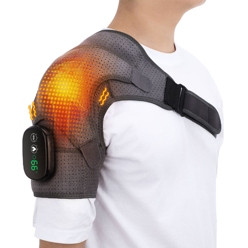 Gray Rechargeable Heated Shoulder Massager with LED Display - Adjustable Compression Wrap for Pain Relief and Relaxation - Main Image