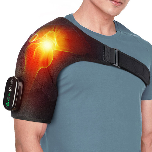 Black Rechargeable Heated Shoulder Massager with LED Display - Adjustable Compression Wrap for Pain Relief and Relaxation - Main Image