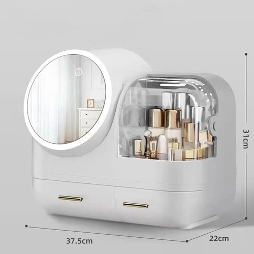 Ivory  White LED Vanity Makeup Organizer with Partition Storage and Touch-Control Mirror - Large Capacity Cosmetic Box - Main Image