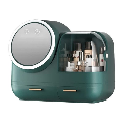 Green LED Vanity Makeup Organizer with Partition Storage and Touch-Control Mirror - Large Capacity Cosmetic Box - Main Image