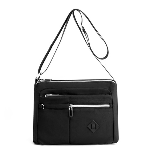 Lightweight Nylon Crossbody Shoulder Bag - Black, Adjustable Strap, Multi-Pocket Design - Main Image