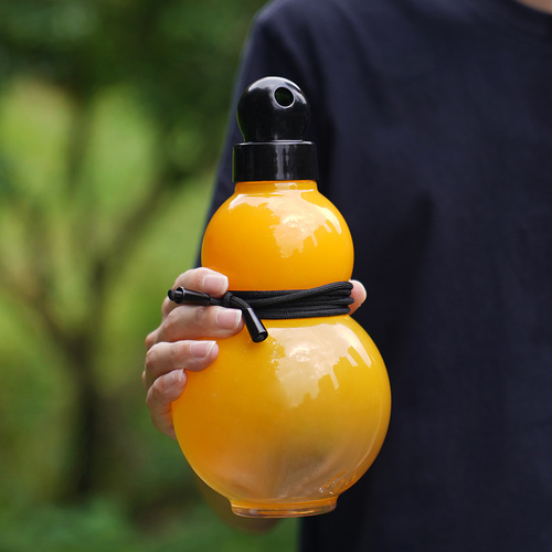 32oz Black Myth Wukong Inspired Gourd Water Plastic Yellow Bottle - Decorative Double-Layer Flask with Calligraphy and Accessories - Main Image