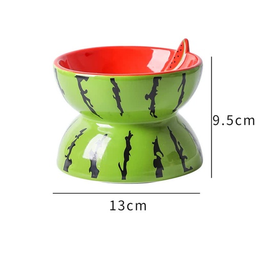 Ceramic Elevated Pet Food Bowl - Cute Watermelon Pattern Design for Cats and Small Dogs - Main Image