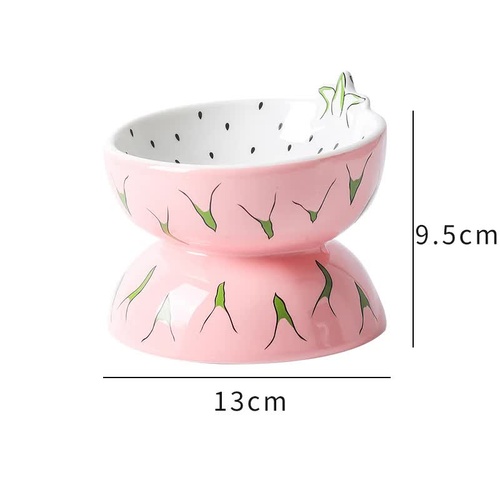 Ceramic Elevated Pet Food Bowl - Cute Pitaya Pattern Design for Cats and Small Dogs - Main Image