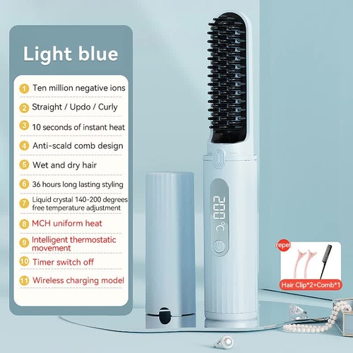 Cordless Hair Straightener Brush with Adjustable Temperature - Blue - Main Image