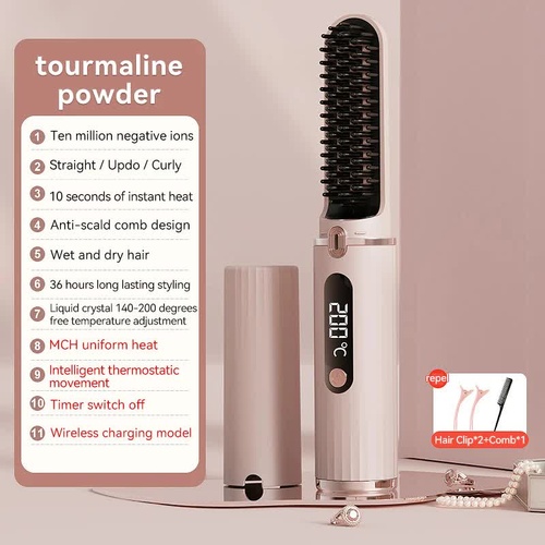 Cordless Hair Straightener Brush with Adjustable Temperature - Pink - Main Image