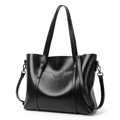 Elegant PU Leather Tote Bag with Detachable Strap - Black - Main Image