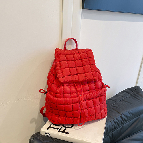 Lightweight Quilted Nylon Backpack with Adjustable Straps - Red - Main Image