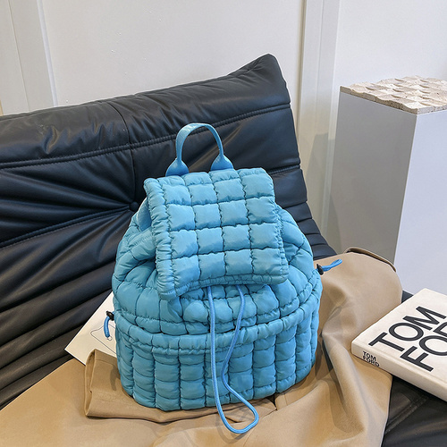 Lightweight Quilted Nylon Backpack with Adjustable Straps - Blue - Main Image