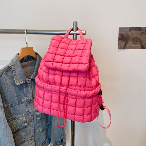Lightweight Quilted Nylon Backpack with Adjustable Straps - Rose Red - Main Image