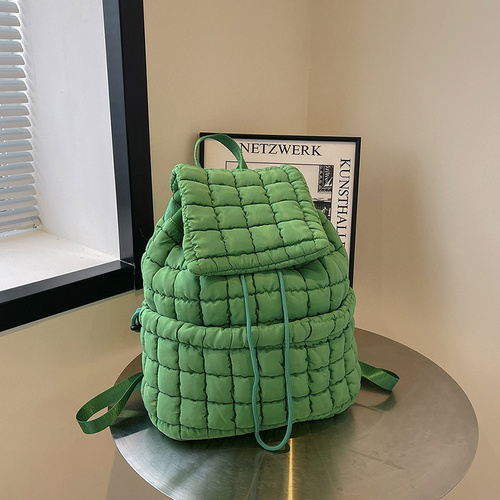 Lightweight Quilted Nylon Backpack with Adjustable Straps - Dark Green - Main Image
