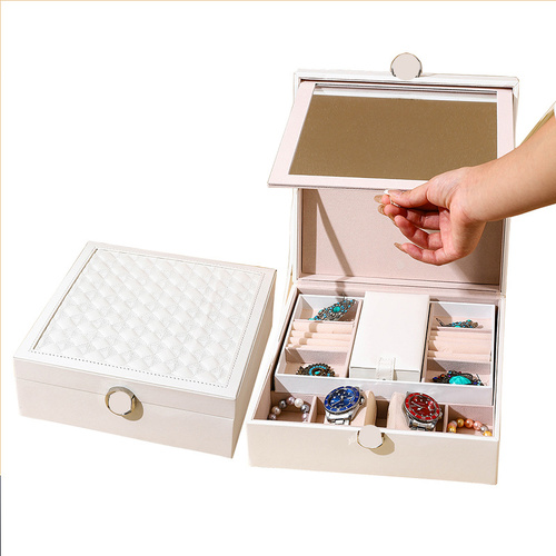 White Luxury Quilted Jewelry Storage Box with Mirror and Multi-Layer Compartments - Main Image