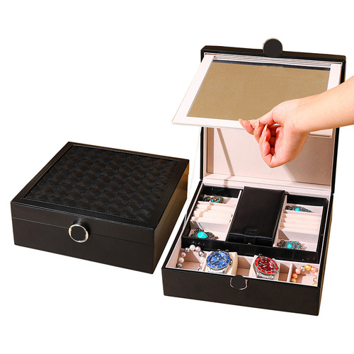 Black Luxury Quilted Jewelry Storage Box with Mirror and Multi-Layer Compartments - Main Image