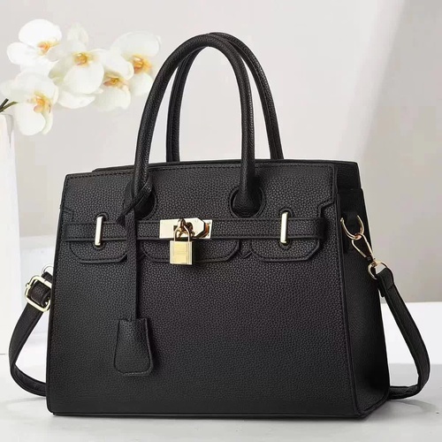 Black Elegant PU Leather Handbag with Lock Decoration - Structured Tote Bag for Women - Main Image