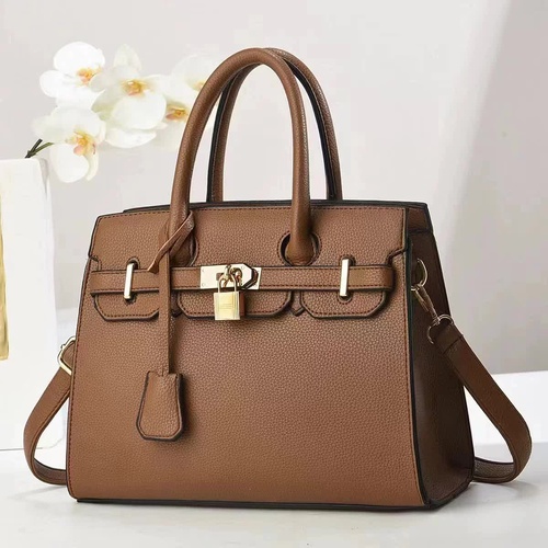 Coffee Elegant PU Leather Handbag with Lock Decoration - Structured Tote Bag for Women - Main Image