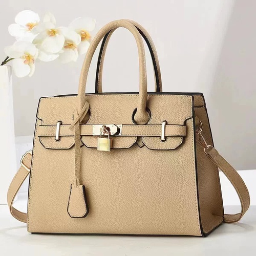 Khaki Elegant PU Leather Handbag with Lock Decoration - Structured Tote Bag for Women - Main Image