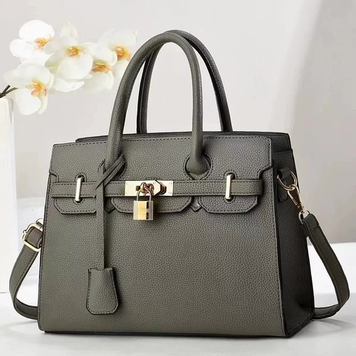 Gray Elegant PU Leather Handbag with Lock Decoration - Structured Tote Bag for Women - Main Image