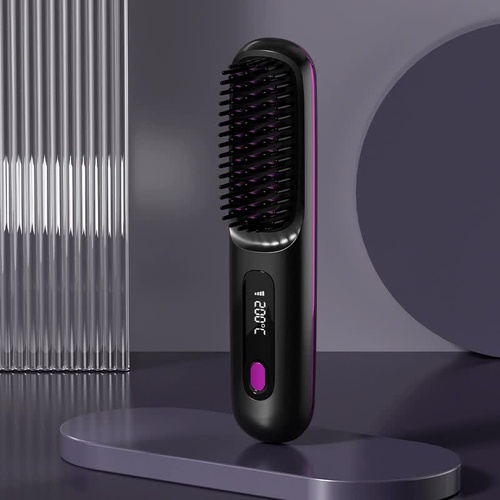 Black Wireless Hair Straightening Brush - Compact and Rechargeable Styling Tool - Main Image