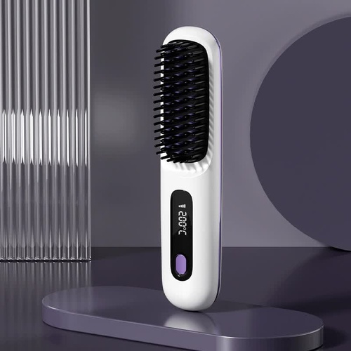 White Wireless Hair Straightening Brush - Compact and Rechargeable Styling Tool - Main Image