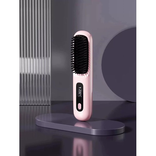Pink Wireless Hair Straightening Brush - Compact and Rechargeable Styling Tool - Main Image