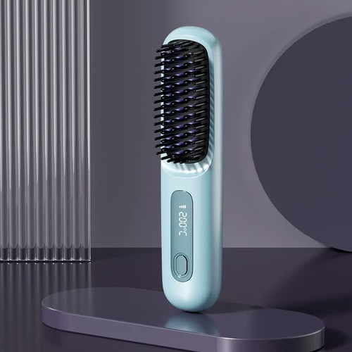 Blue Wireless Hair Straightening Brush - Compact and Rechargeable Styling Tool - Main Image