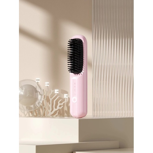 Pink Rechargeable Wireless Hair Straightening Brush - Sleek and Portable Styling Tool - Main Image