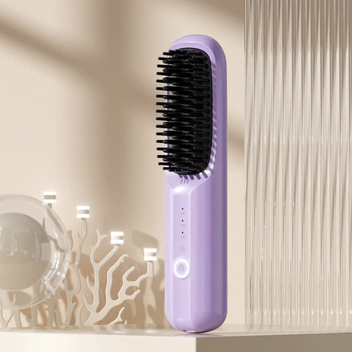 Purple Rechargeable Wireless Hair Straightening Brush - Sleek and Portable Styling Tool - Main Image