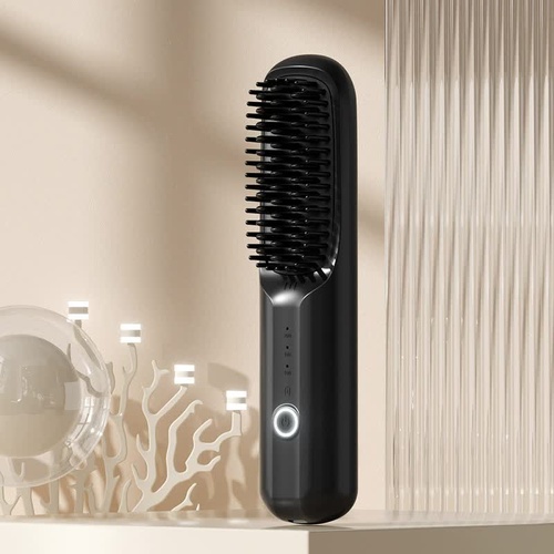 Black Rechargeable Wireless Hair Straightening Brush - Sleek and Portable Styling Tool - Main Image