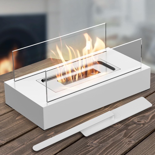 Not removable Portable  Tabletop Bioethanol Fireplace - White Rectangular Design with Glass Shields - Main Image