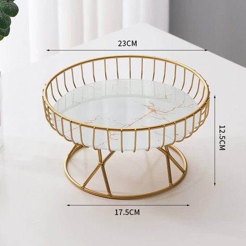 Elegant Iron Art Glass Serving Tray（White Glass) – Round Design with Gold Finish - Main Image