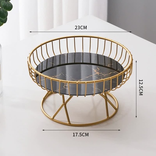 Elegant Iron Art Glass Serving Tray(Black Glass) - Round Design with Gold Finish - Main Image