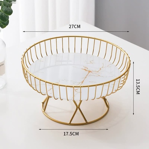 Elegant Iron Art Glass Serving Tray(White Glass) - Round Design with Gold Finish 27*13.5*17.5cm - Main Image