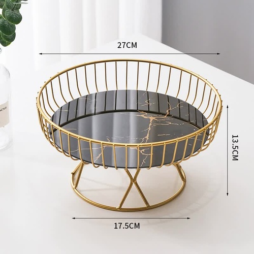 Elegant Iron Art Glass Serving Tray(Black Glass) -Round Design with Gold Finish 27*13.5*17.5cm - Main Image