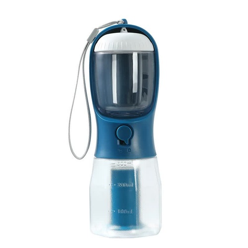 Dark Blue 3-in-1 Portable Pet Water Bottle with Food Storage and Waste Bag Dispenser - 300mL Capacity - Main Image
