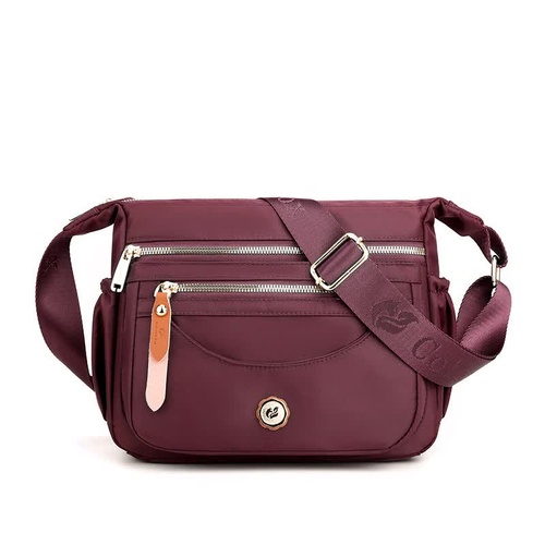 Wine Red Nylon Crossbody Bag with Multiple Compartments - Compact and Stylish Design - Main Image